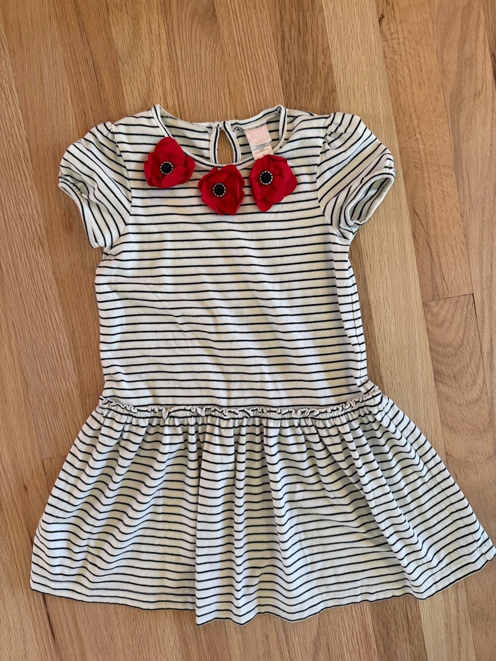 Janie and Jack White & Black Striped Dress with Red Flower Appliqués